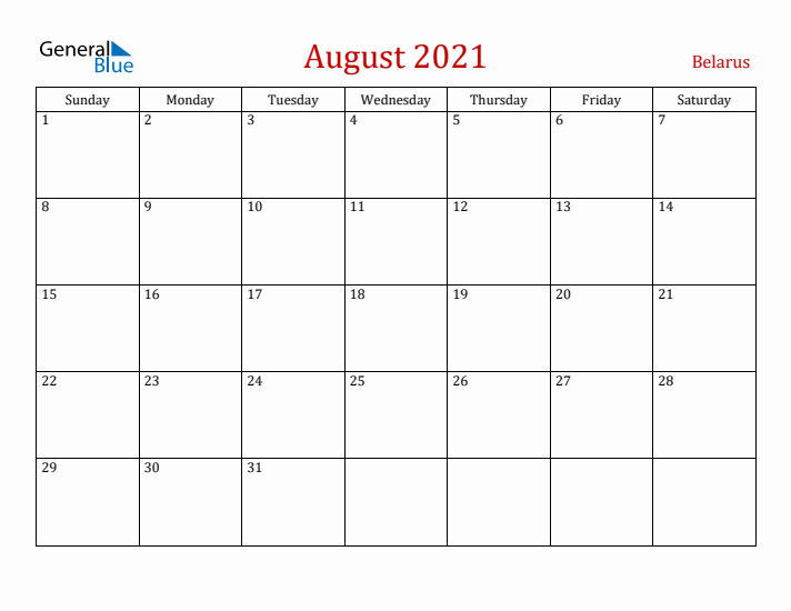 Belarus August 2021 Calendar - Sunday Start