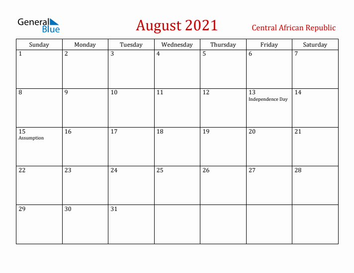 Central African Republic August 2021 Calendar - Sunday Start