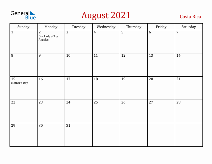 Costa Rica August 2021 Calendar - Sunday Start