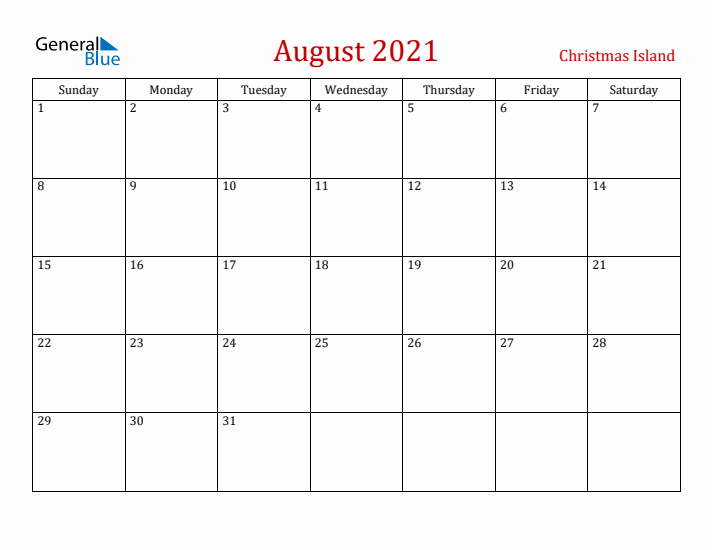 Christmas Island August 2021 Calendar - Sunday Start