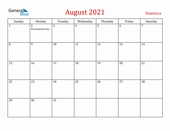 Dominica August 2021 Calendar - Sunday Start