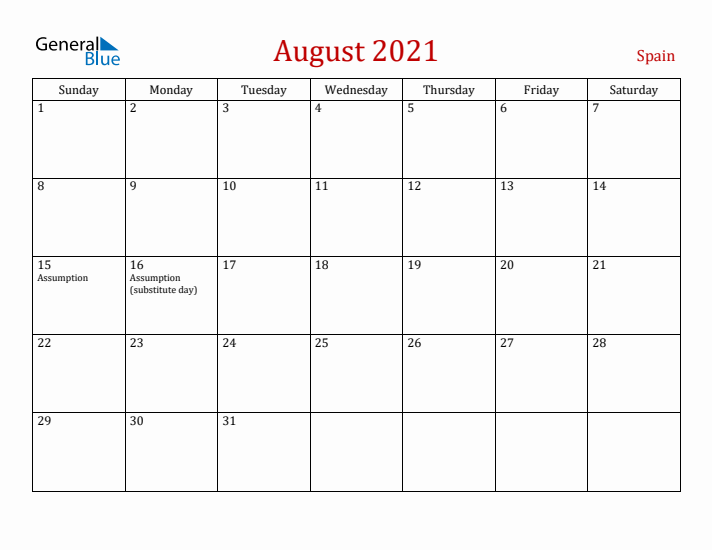 Spain August 2021 Calendar - Sunday Start