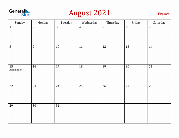 France August 2021 Calendar - Sunday Start