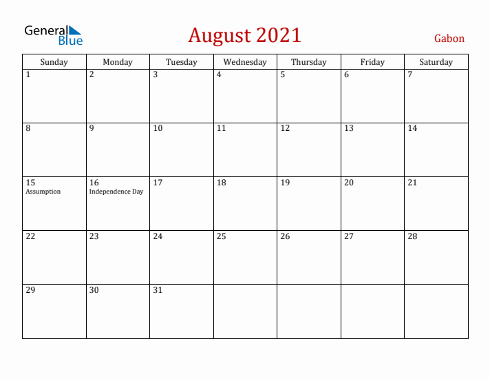 Gabon August 2021 Calendar - Sunday Start