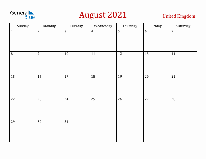 United Kingdom August 2021 Calendar - Sunday Start