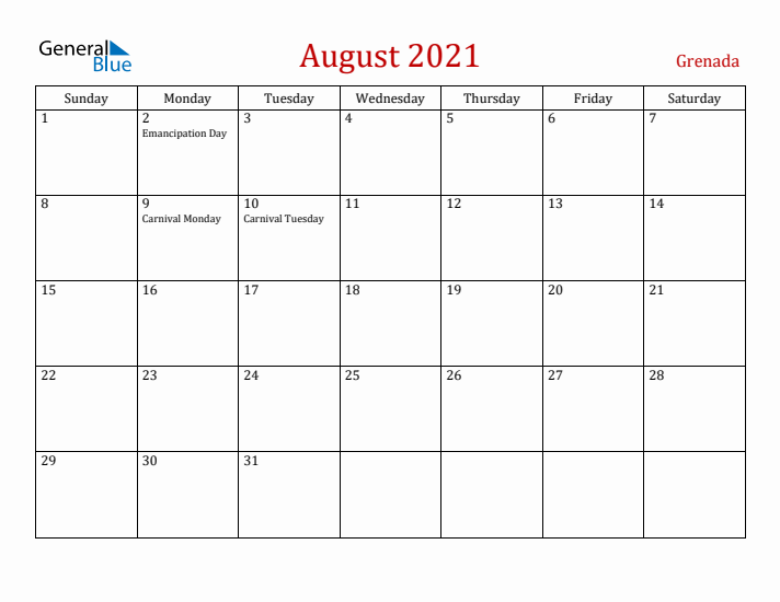 Grenada August 2021 Calendar - Sunday Start