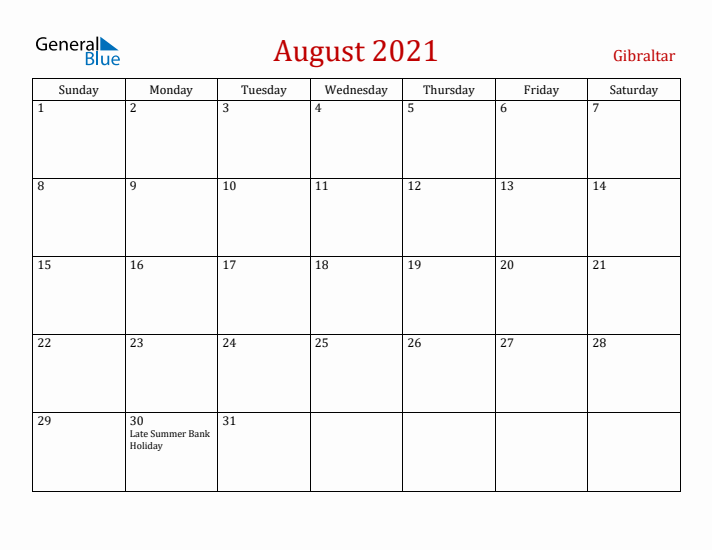 Gibraltar August 2021 Calendar - Sunday Start