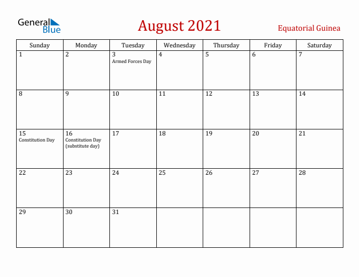 Equatorial Guinea August 2021 Calendar - Sunday Start