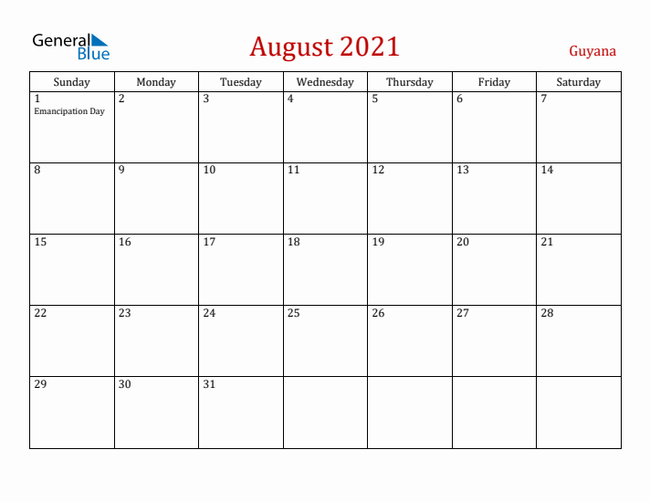 Guyana August 2021 Calendar - Sunday Start
