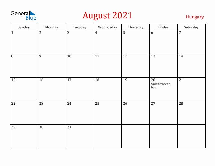Hungary August 2021 Calendar - Sunday Start