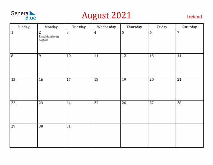 Ireland August 2021 Calendar - Sunday Start