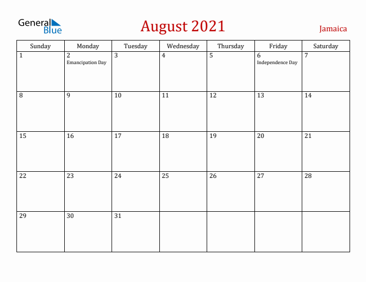 Jamaica August 2021 Calendar - Sunday Start