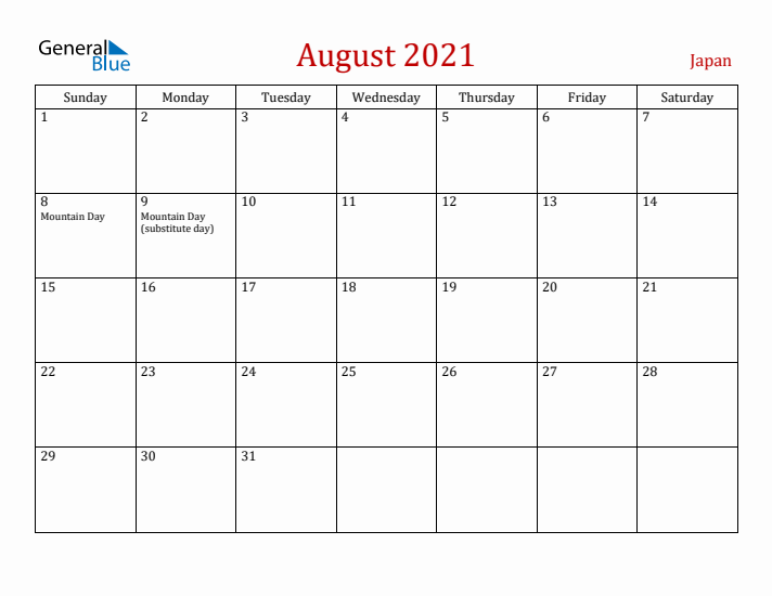 Japan August 2021 Calendar - Sunday Start