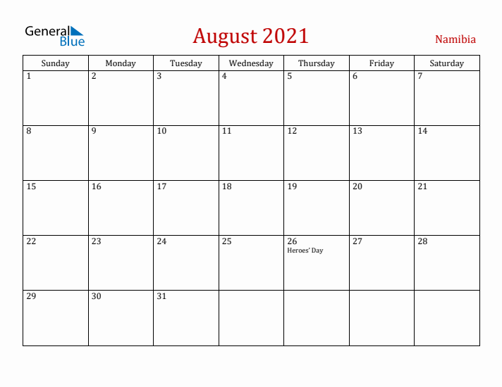 Namibia August 2021 Calendar - Sunday Start