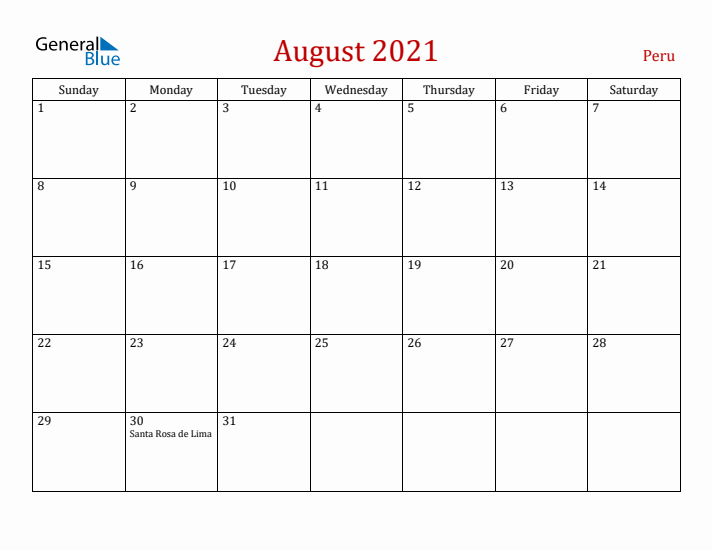 Peru August 2021 Calendar - Sunday Start