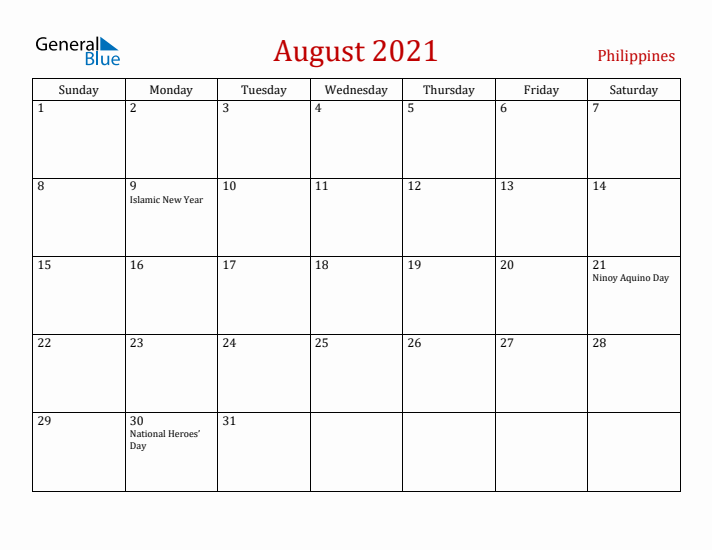 Philippines August 2021 Calendar - Sunday Start