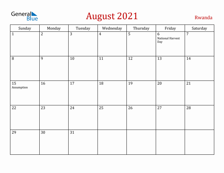 Rwanda August 2021 Calendar - Sunday Start