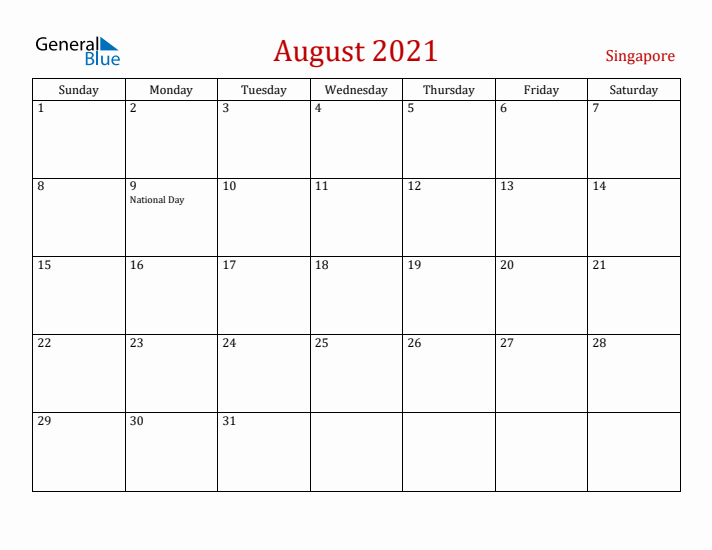 Singapore August 2021 Calendar - Sunday Start