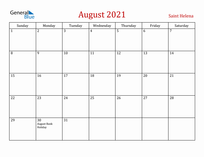 Saint Helena August 2021 Calendar - Sunday Start