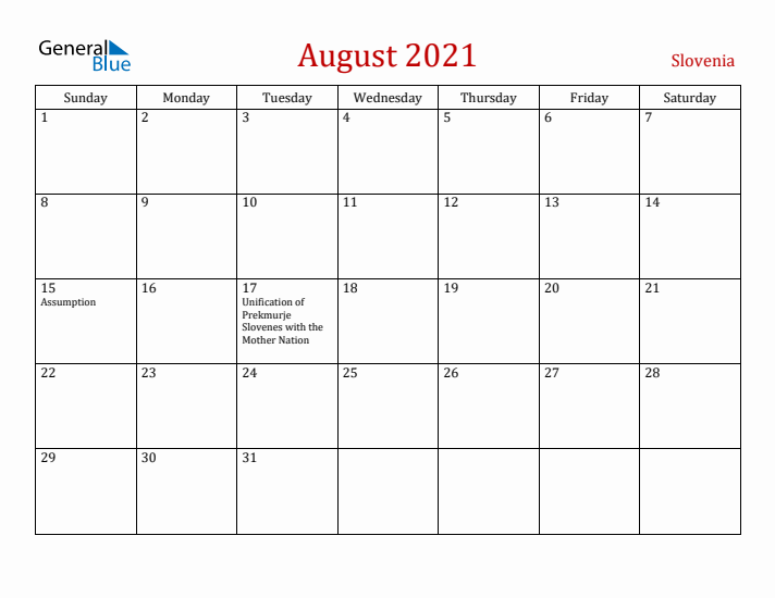 Slovenia August 2021 Calendar - Sunday Start