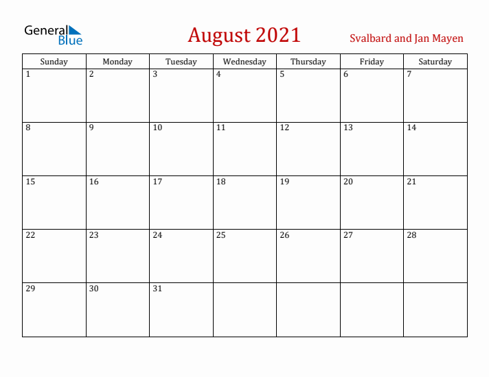 Svalbard and Jan Mayen August 2021 Calendar - Sunday Start