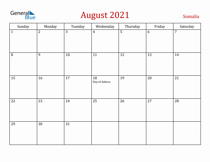 Somalia August 2021 Calendar - Sunday Start