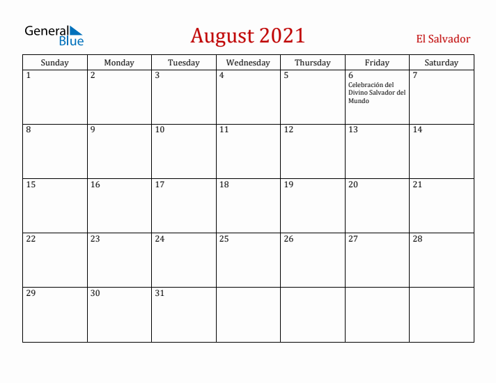El Salvador August 2021 Calendar - Sunday Start