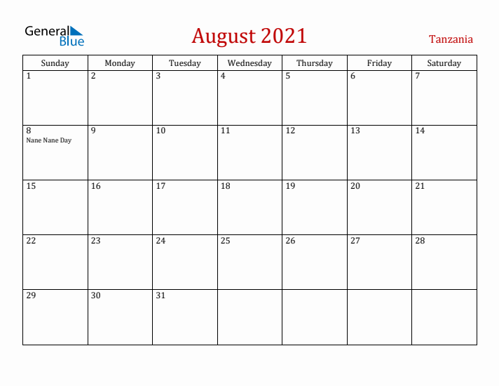 Tanzania August 2021 Calendar - Sunday Start