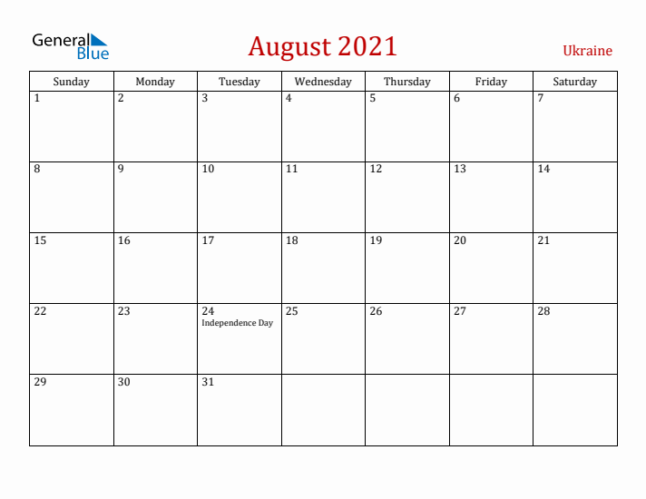 Ukraine August 2021 Calendar - Sunday Start