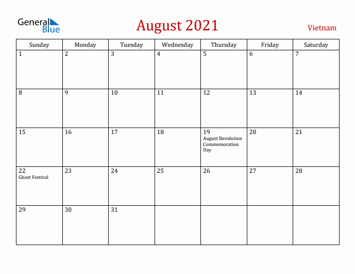Vietnam August 2021 Calendar - Sunday Start