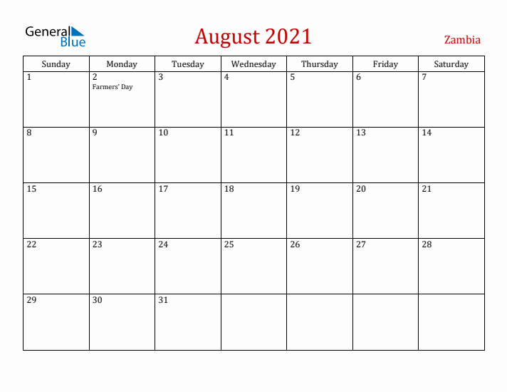 Zambia August 2021 Calendar - Sunday Start