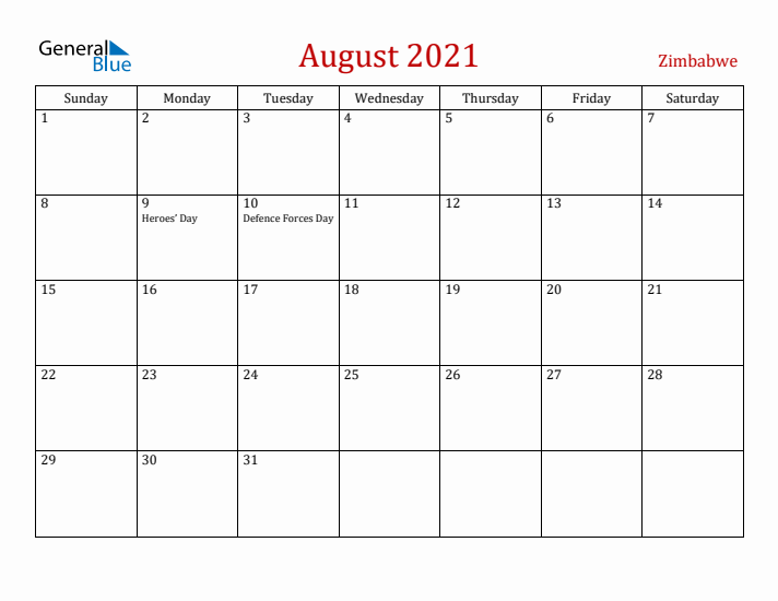 Zimbabwe August 2021 Calendar - Sunday Start