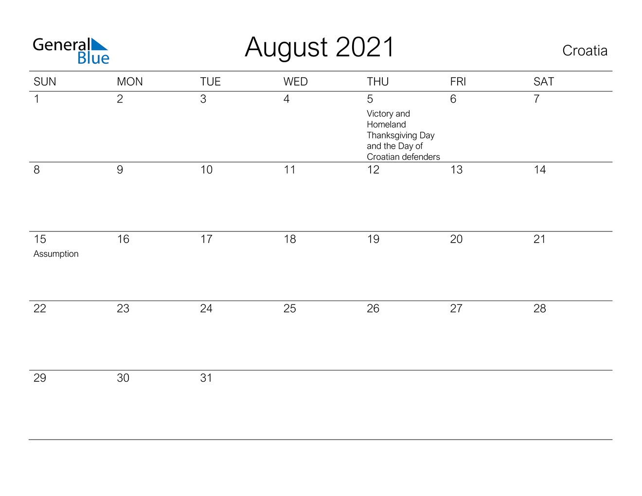 croatia august 2021 calendar with holidays