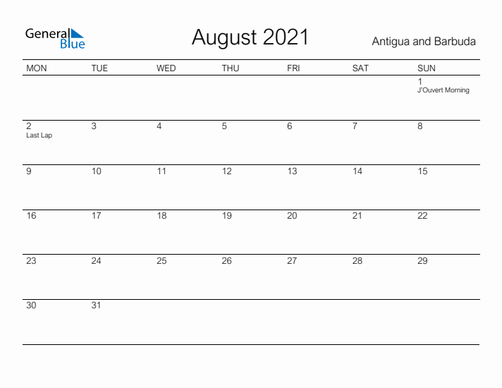 Printable August 2021 Calendar for Antigua and Barbuda