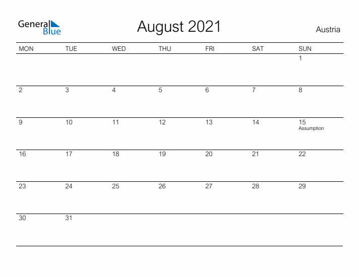 Printable August 2021 Calendar for Austria