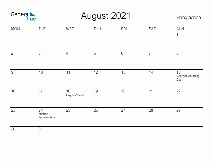 Printable August 2021 Calendar for Bangladesh