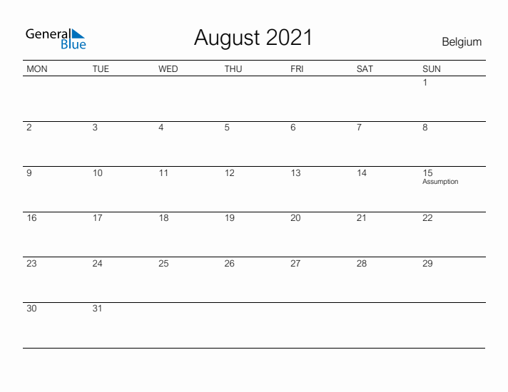 Printable August 2021 Calendar for Belgium