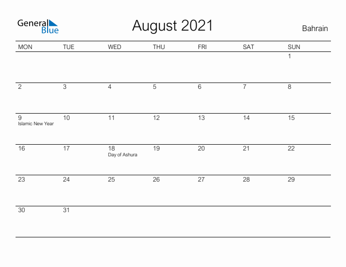 Printable August 2021 Calendar for Bahrain