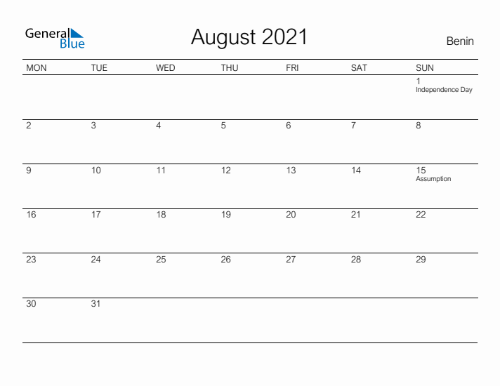 Printable August 2021 Calendar for Benin