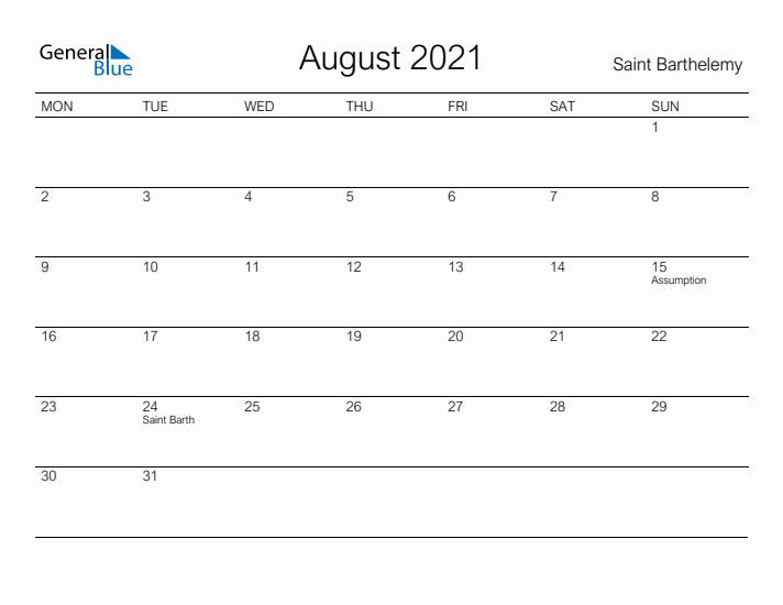 Printable August 2021 Calendar for Saint Barthelemy