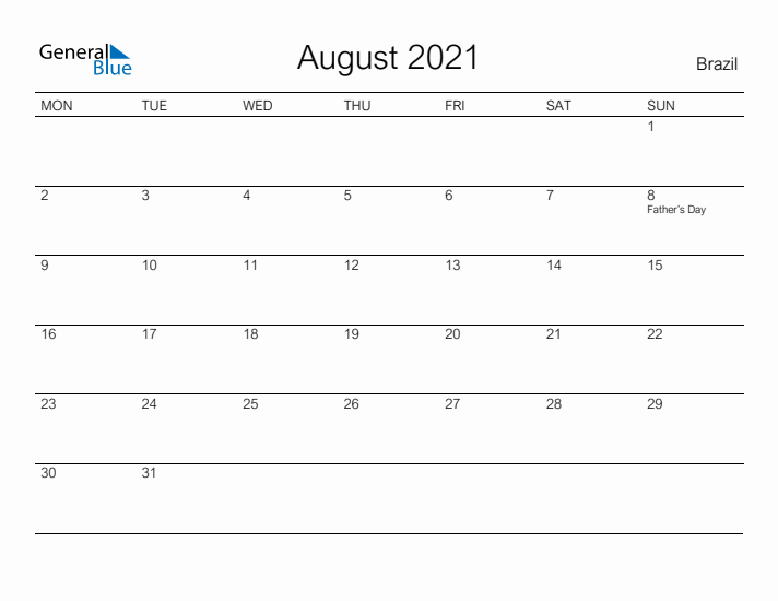 Printable August 2021 Calendar for Brazil