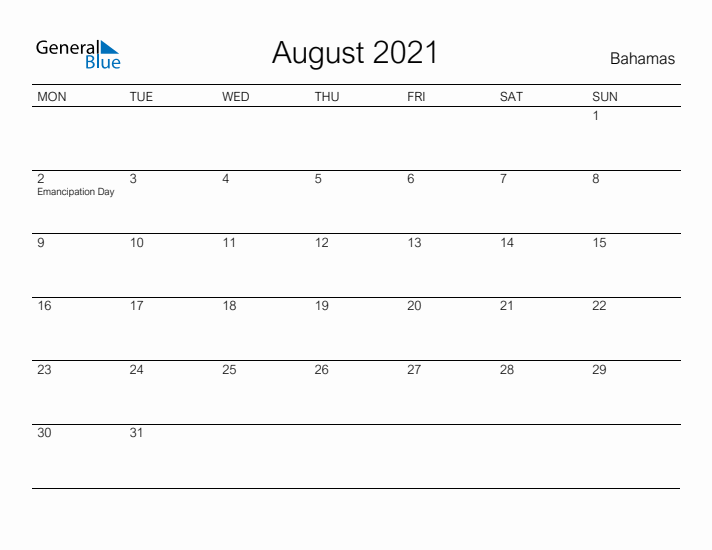 Printable August 2021 Calendar for Bahamas