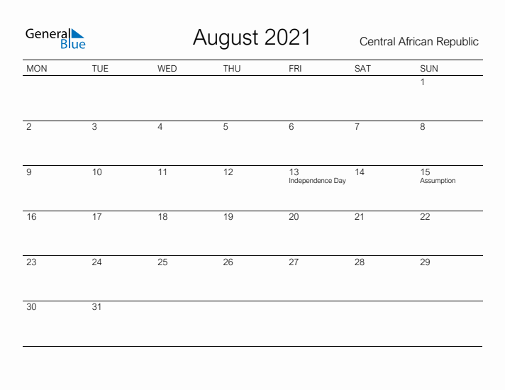 Printable August 2021 Calendar for Central African Republic