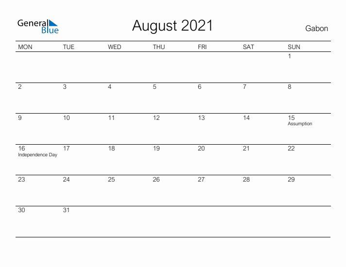 Printable August 2021 Calendar for Gabon