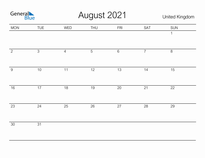 Printable August 2021 Calendar for United Kingdom