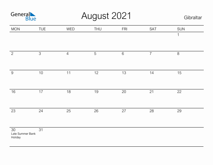 Printable August 2021 Calendar for Gibraltar