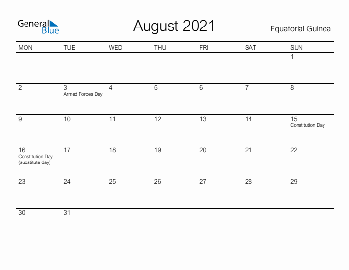 Printable August 2021 Calendar for Equatorial Guinea