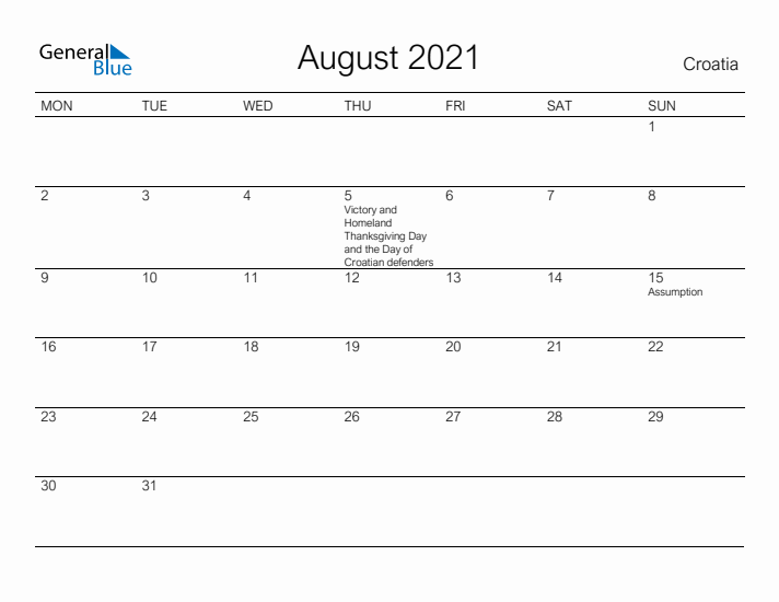 Printable August 2021 Calendar for Croatia