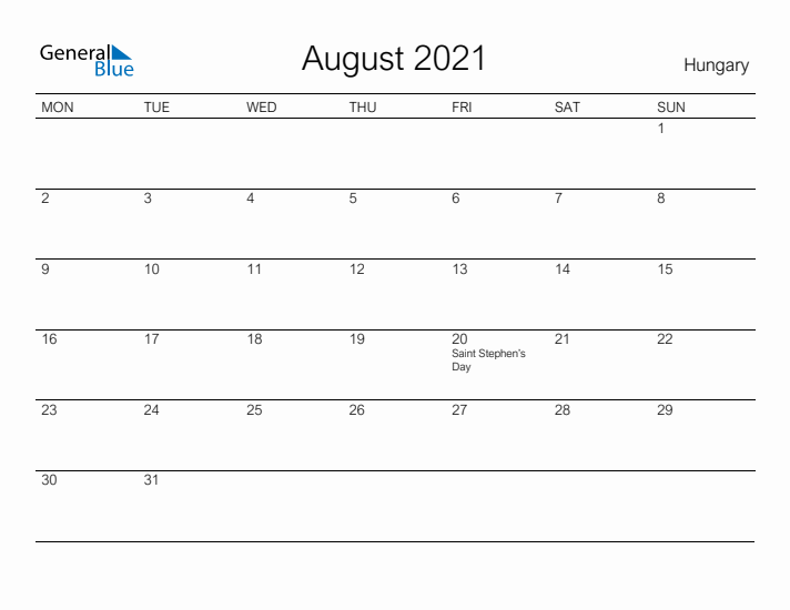 Printable August 2021 Calendar for Hungary