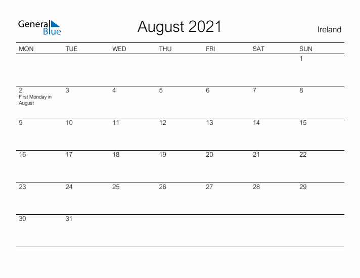 Printable August 2021 Calendar for Ireland